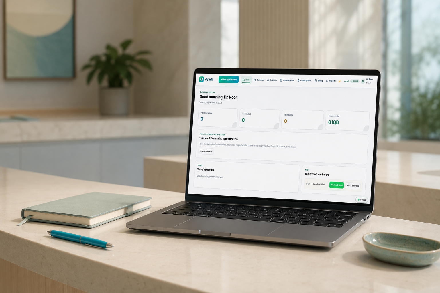 Ayada clinic-management dashboard displayed on a laptop at a clinic desk